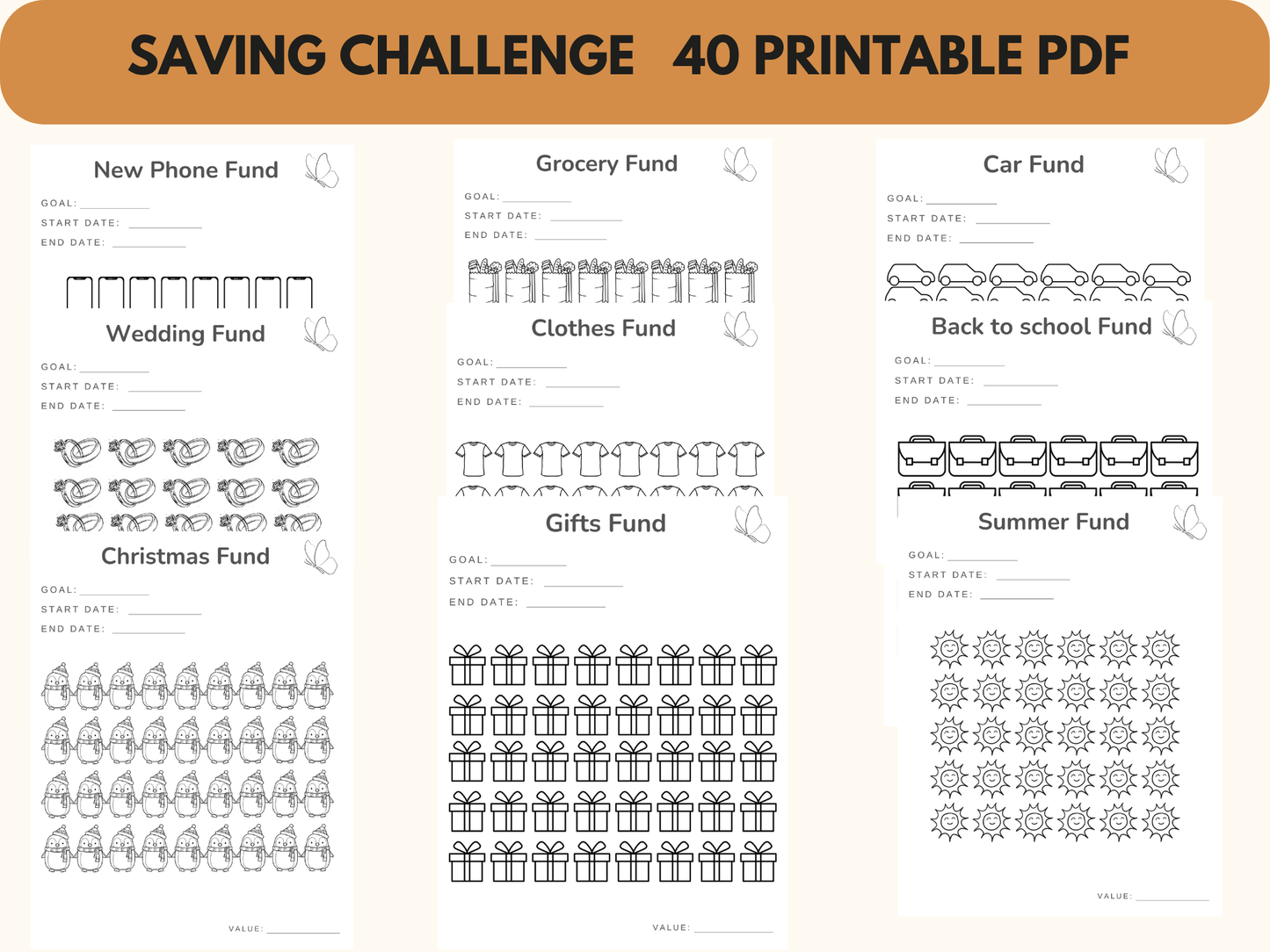 40 Saving challenges for Different Funds, US Letter, Printable, Budget Tracker